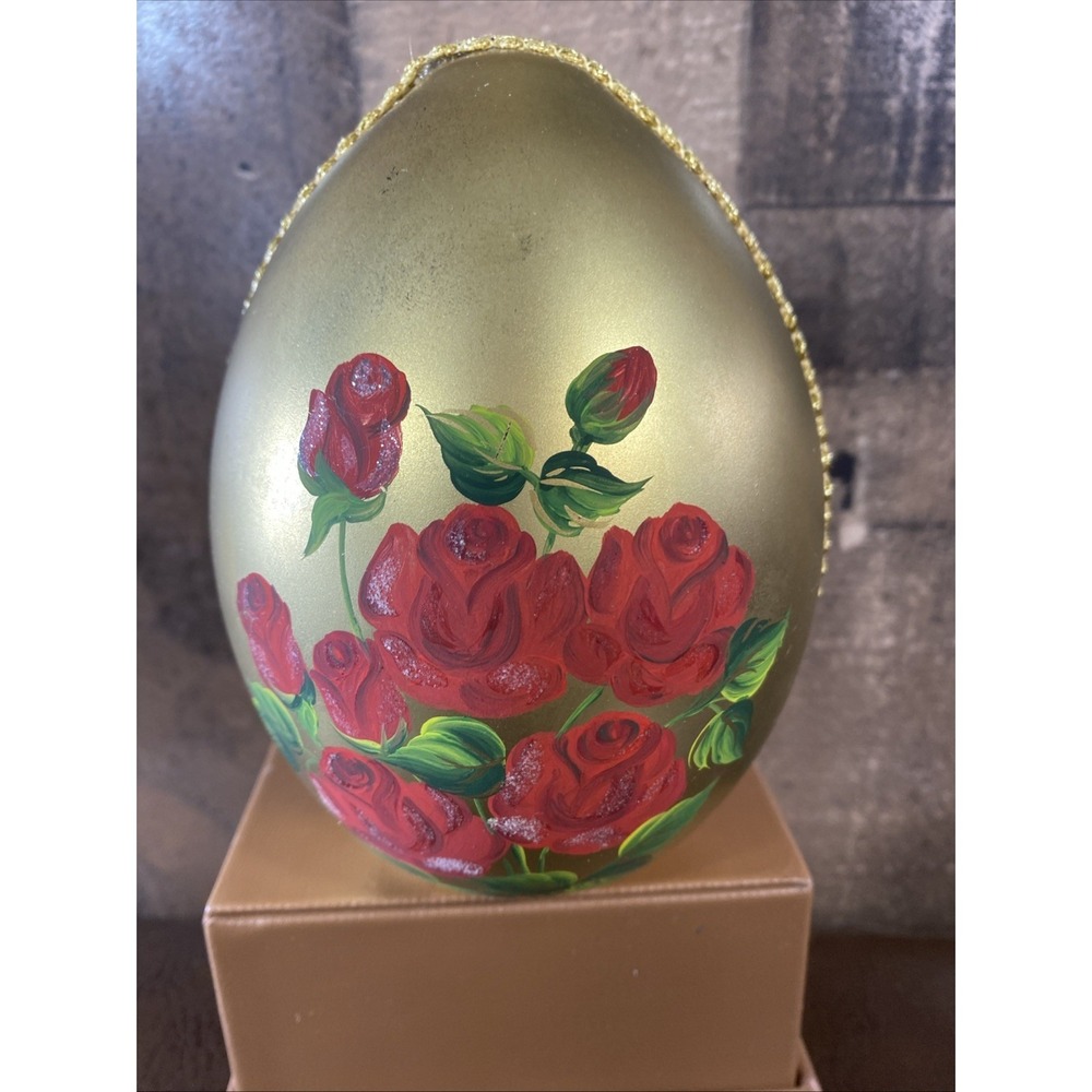 Vintage Easter Egg Mouth Blown Hand painted Hollow‎ Art Glass Gold Roses 5.5"